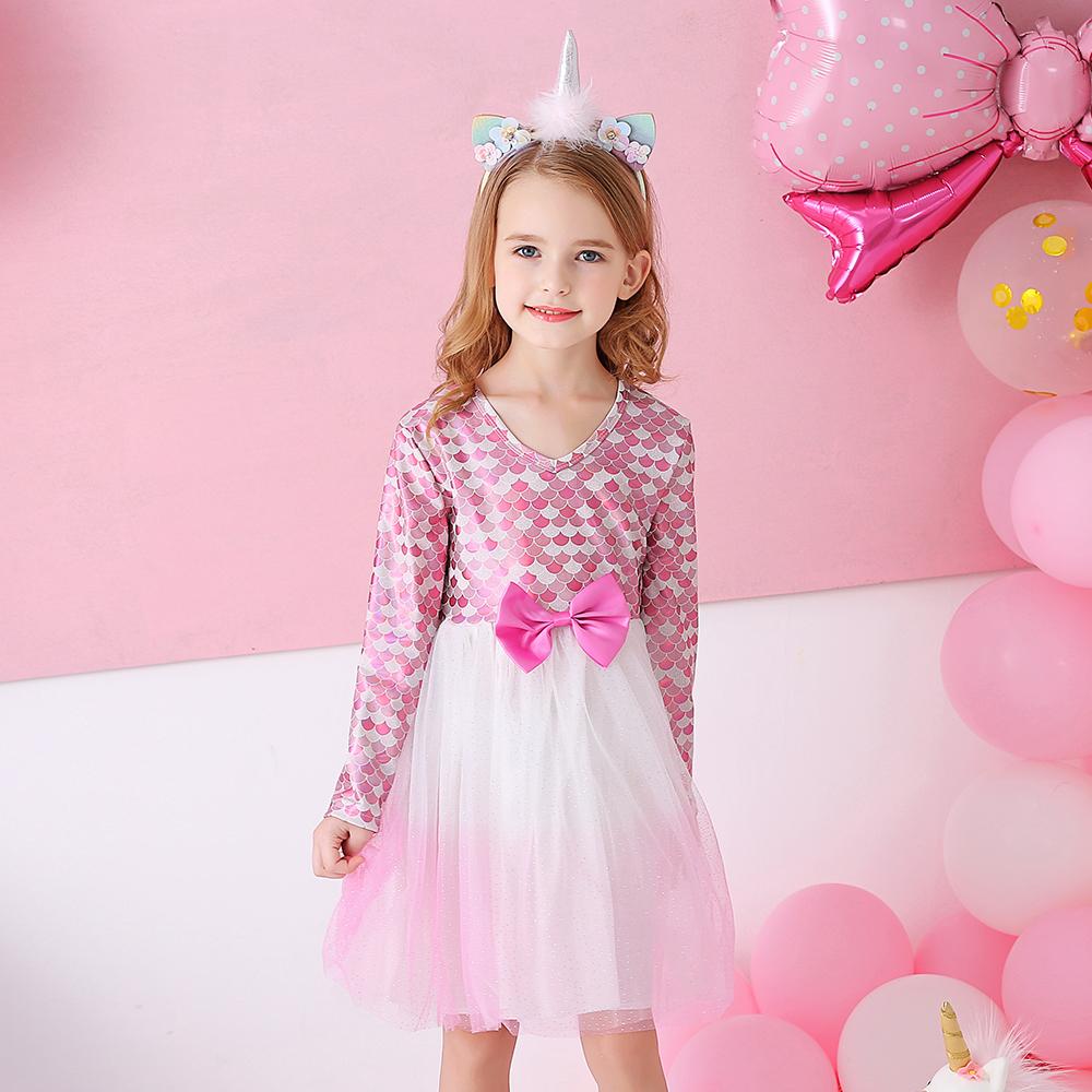 Pink Mermaid Pattern with Butterfly Bow Princess Toddler Tutu Girl Long Sleeve Dress