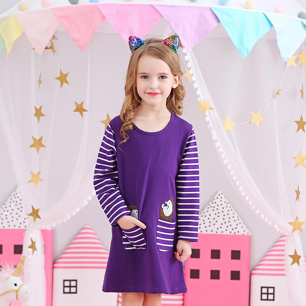 Purple A-Line Color Block Long Sleeve Toddler Causal Girl Dress