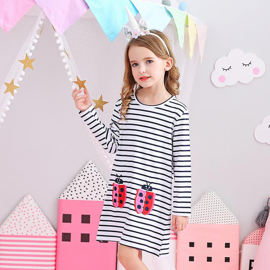 Cartoon Ladybug Pattern A-Line Color Block Long Sleeve Toddler Causal Girl Dress