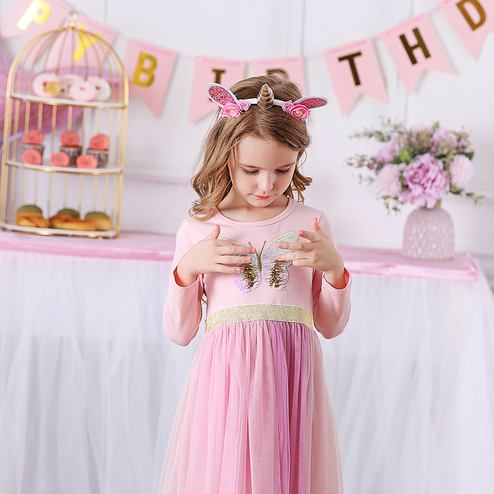 Butterfly Sequined Long Sleeve Toddler Winter Tutu Girl Dress for Party Brithday Daily