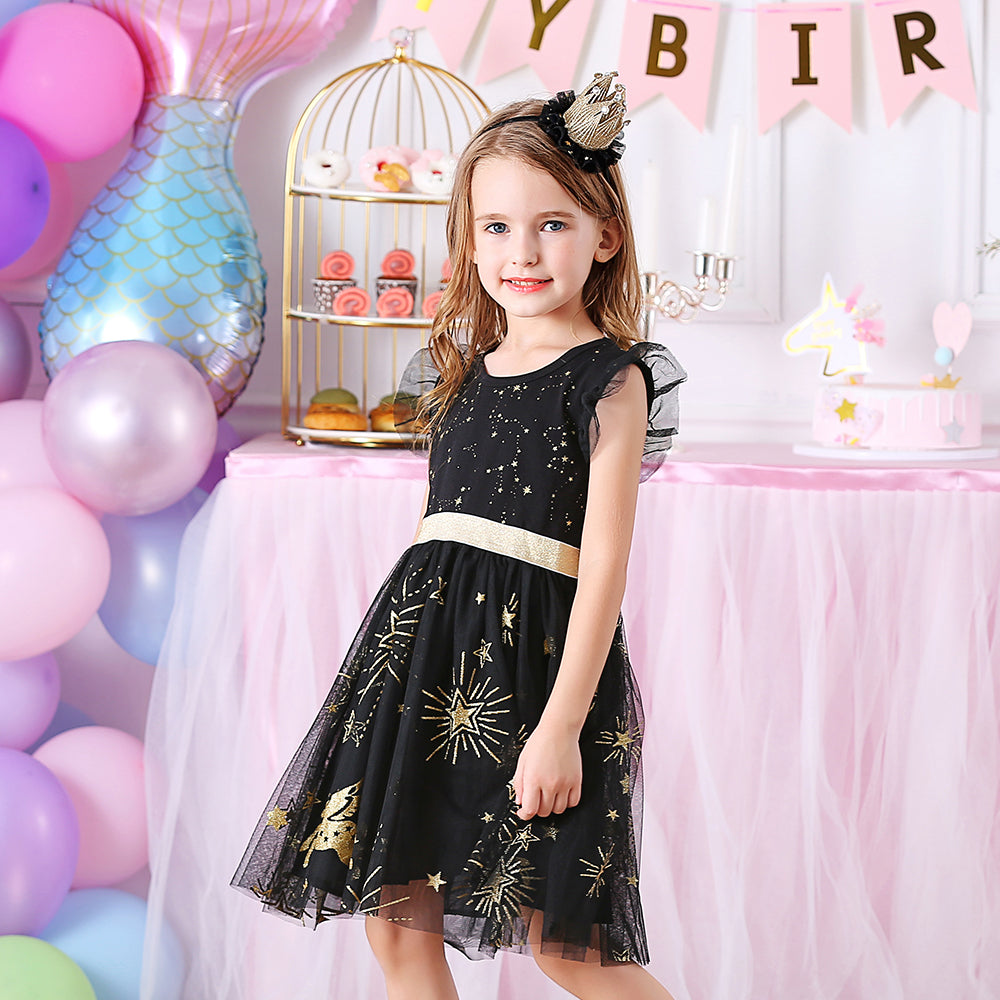Star Moon Pattern Girls Toddler Summer Short Sleeve Tutu Dress
