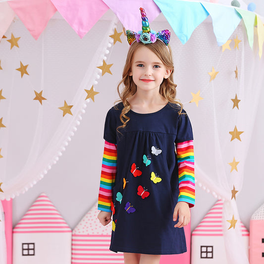 Colorful Butterfly A Line Girl Dress Rainbow Long Sleeve Toddler Winter Dress