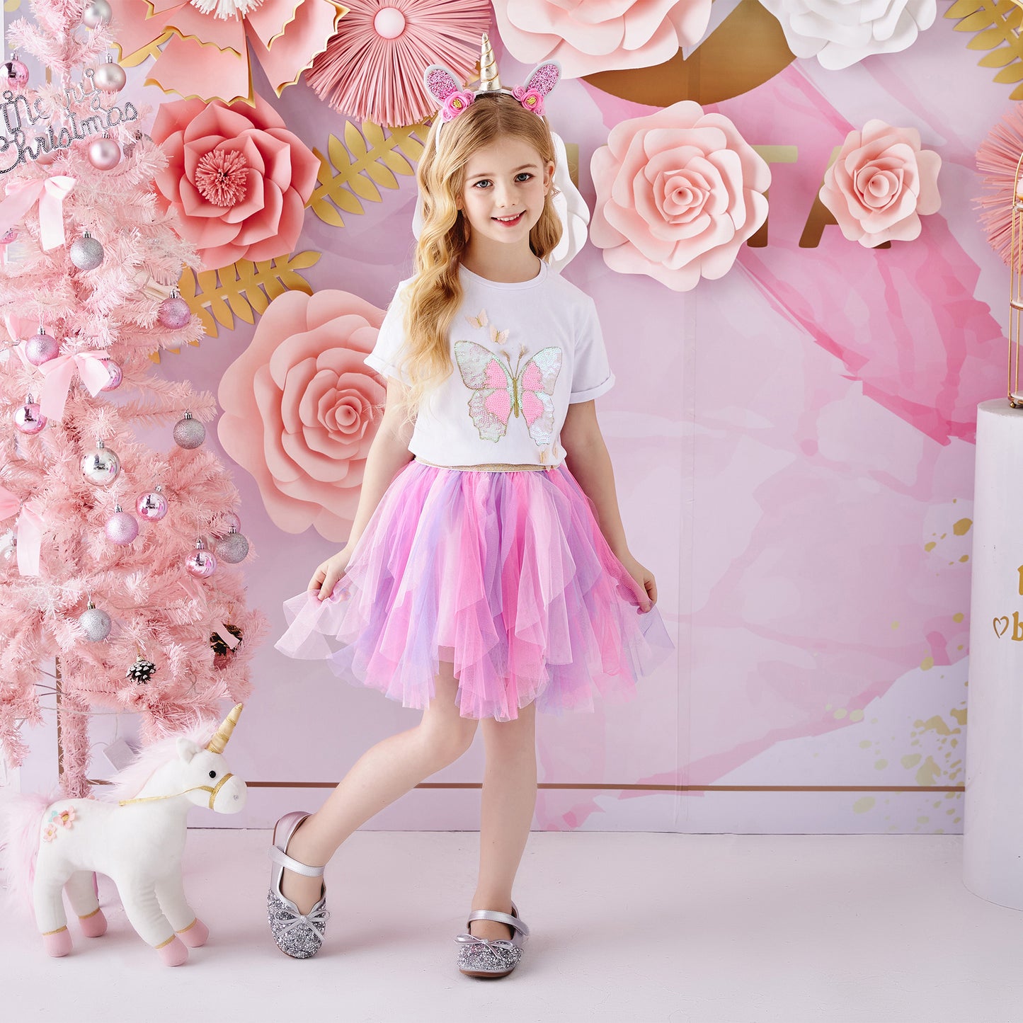 2Y-8Y Girls Clothes Set Sequins Butterfly Top + Pink Tutu Skirt