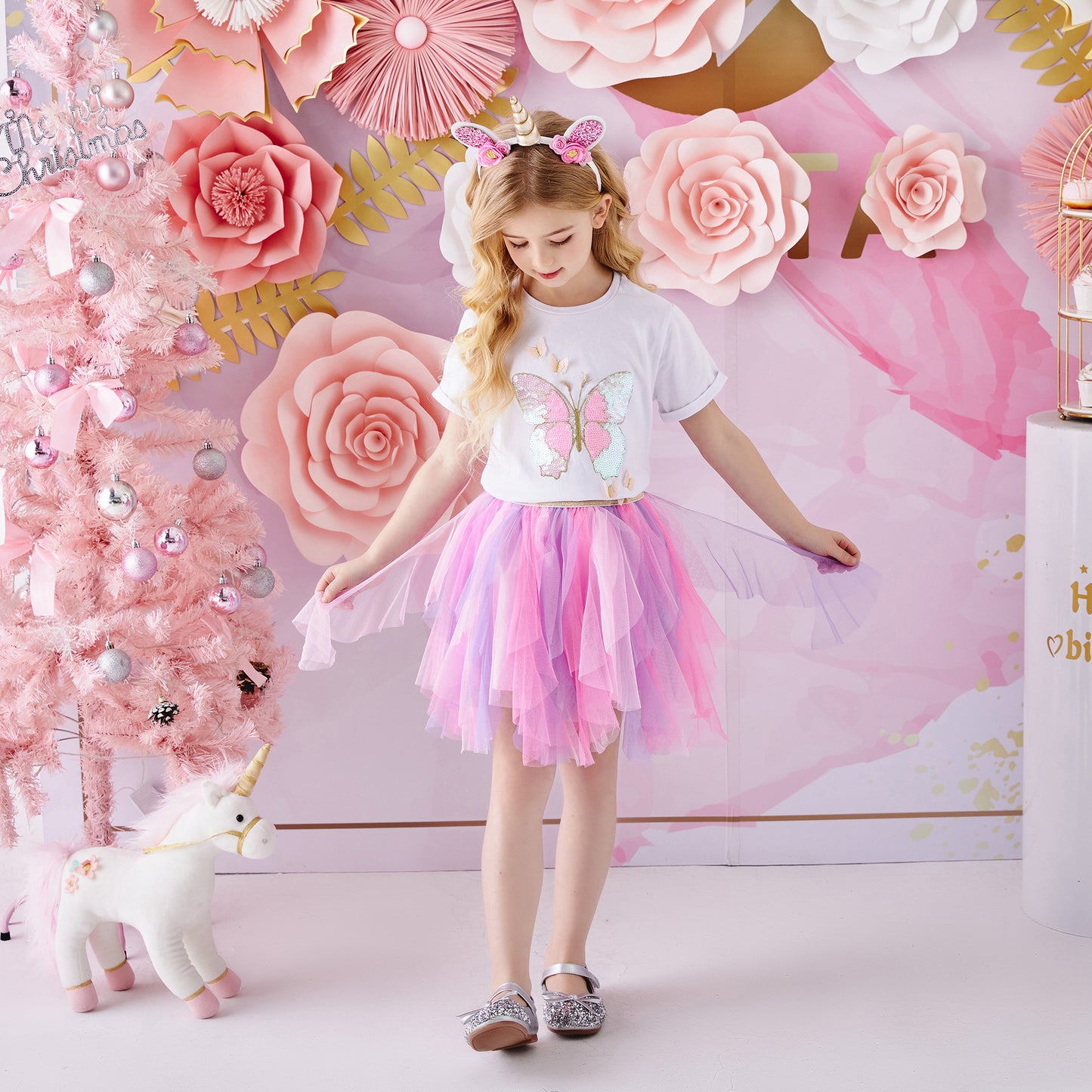 2Y-8Y Girls Clothes Set Sequins Butterfly Top + Pink Tutu Skirt