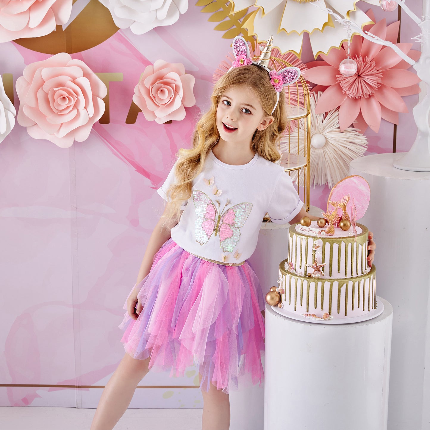 2Y-8Y Girls Clothes Set Sequins Butterfly Top + Pink Tutu Skirt