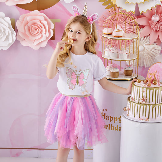 2Y-8Y Girls Clothes Set Sequins Butterfly Top + Pink Tutu Skirt