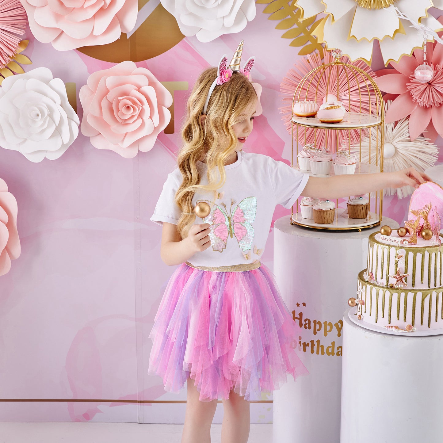 2Y-8Y Girls Clothes Set Sequins Butterfly Top + Pink Tutu Skirt