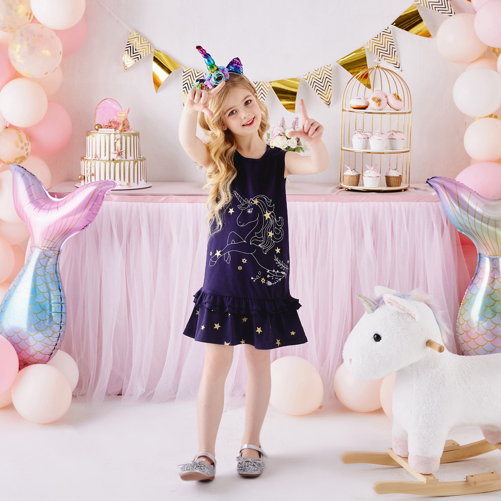 Girls Sleeveless Dress A Line Cotton Unicorn with Star Ruffle Dress Kids Dress