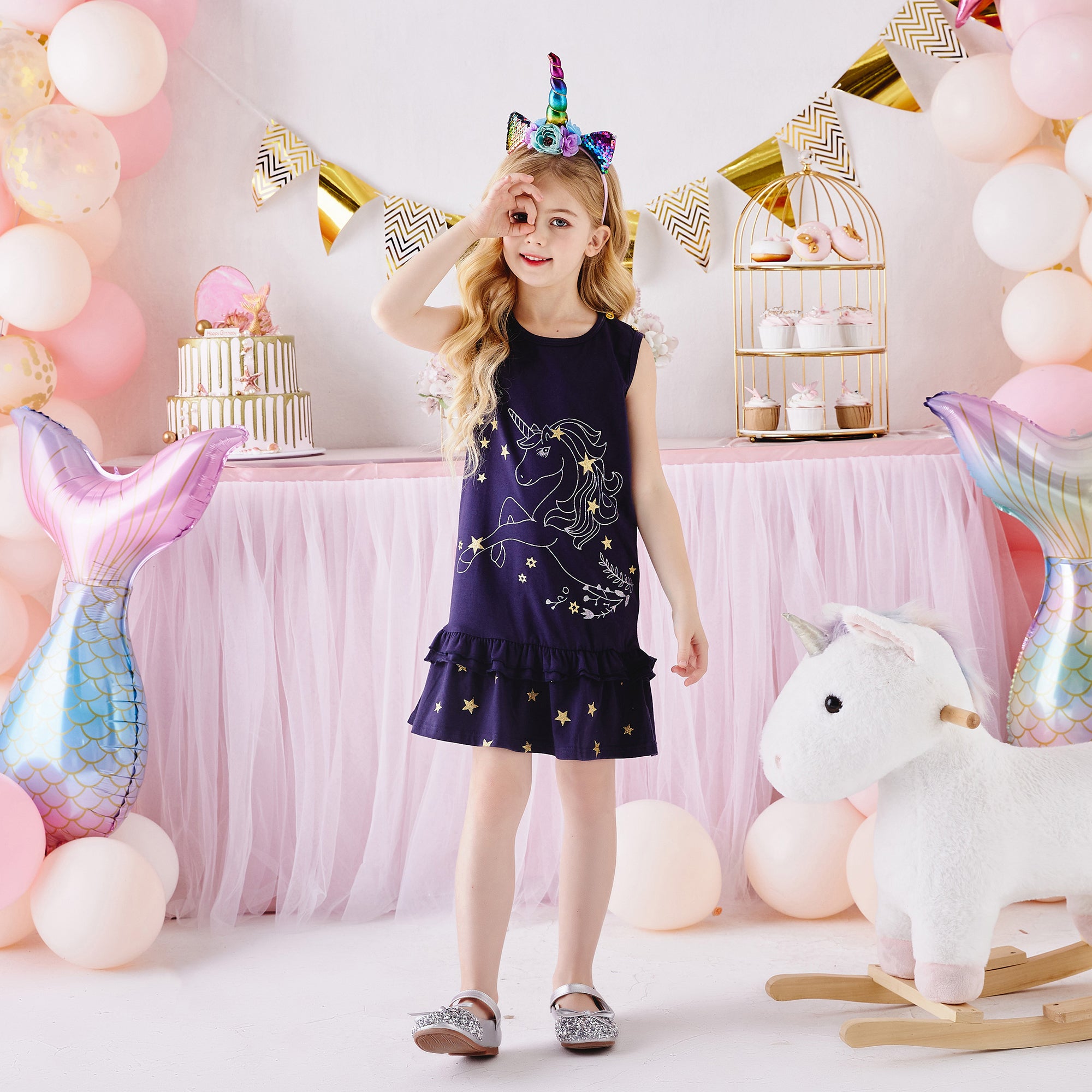 Girls Sleeveless Dress A Line Cotton Unicorn with Star Ruffle Dress Kids Dress