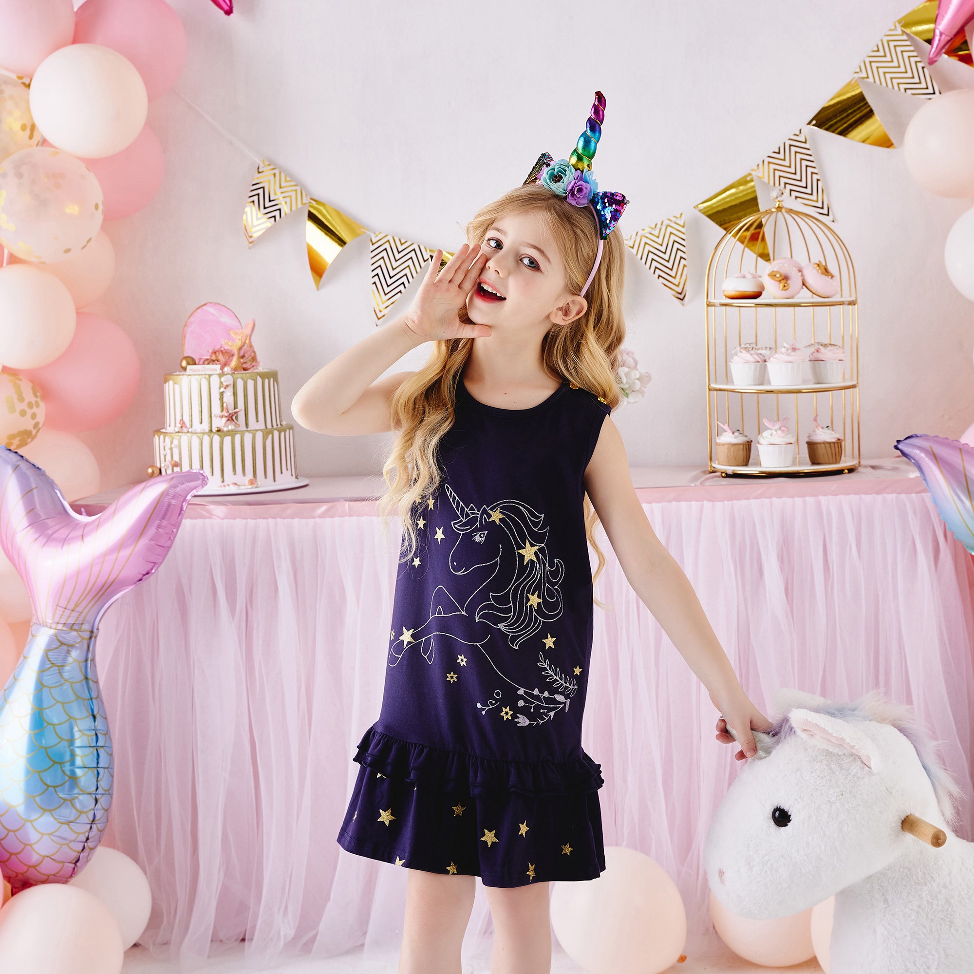 Girls Sleeveless Dress A Line Cotton Unicorn with Star Ruffle Dress Kids Dress