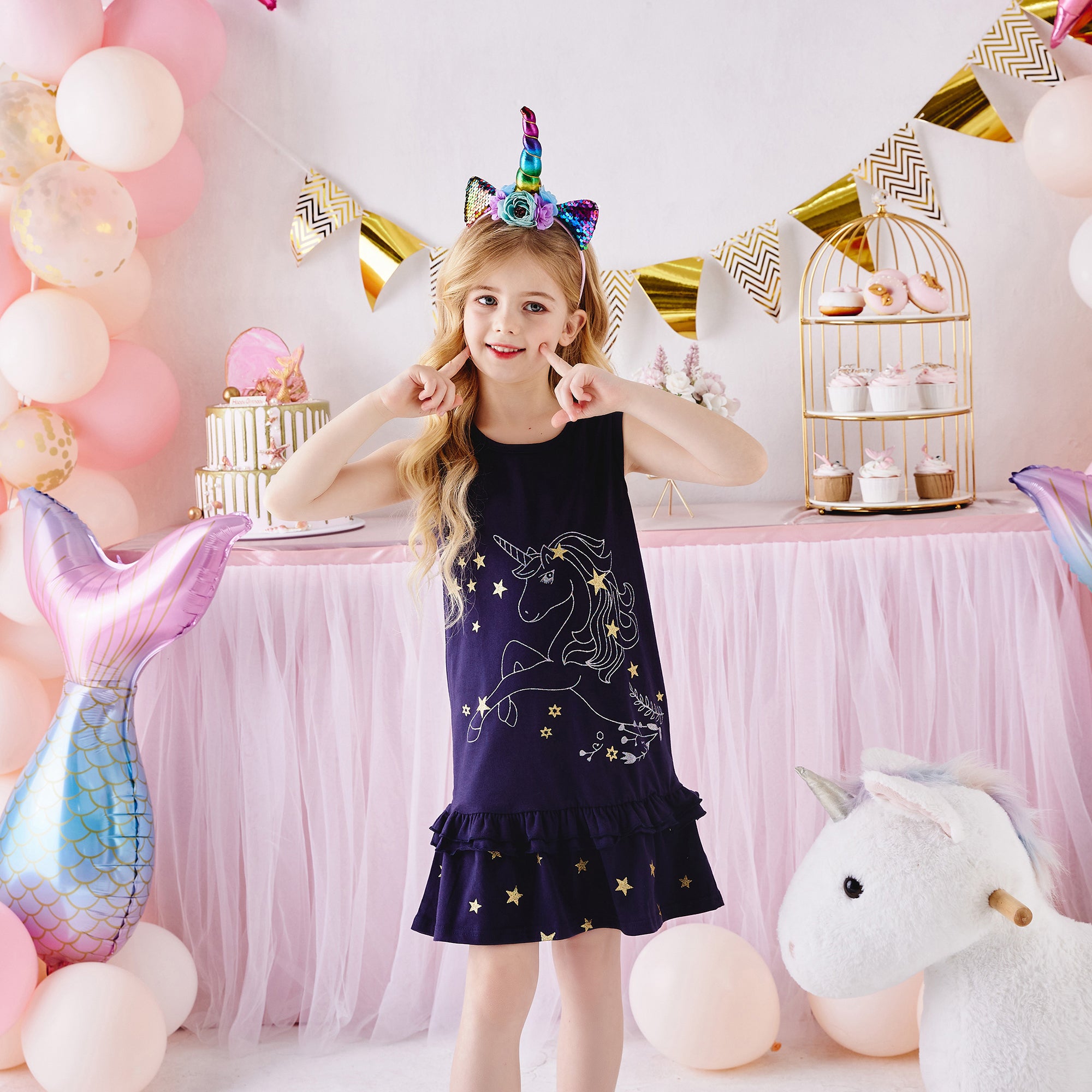 Girls Sleeveless Dress A Line Cotton Unicorn with Star Ruffle Dress Kids Dress