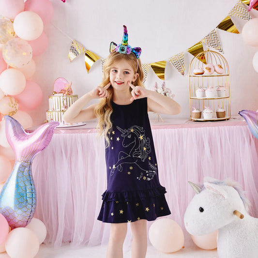 Girls Sleeveless Dress A Line Cotton Unicorn with Star Ruffle Dress Kids Dress
