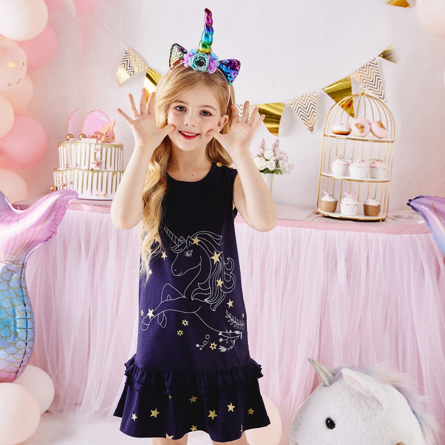 Girls Sleeveless Dress A Line Cotton Unicorn with Star Ruffle Dress Kids Dress