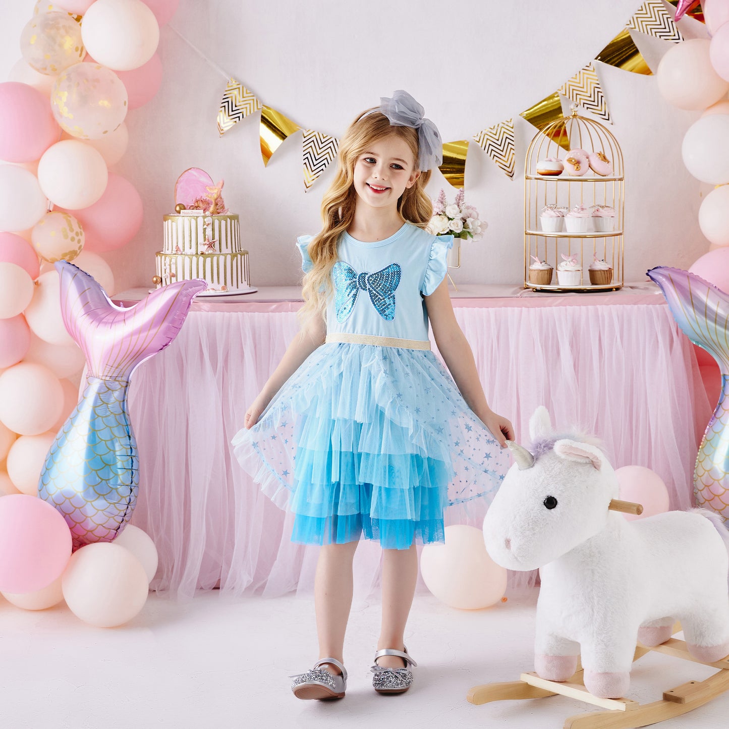 2Y-8Y Girls Party Dress Sequins Bowknot Layers Tulle Short Sleeve Tutu Dress