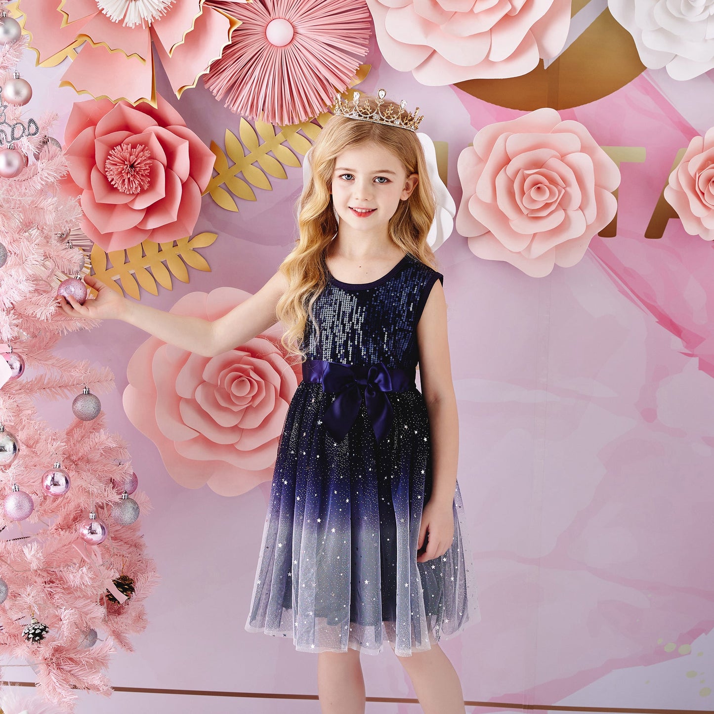Girls Summer Dress Blue Sequins Elegant Princess Tutu Dress with Bowknot