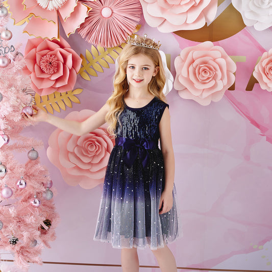 Girls Summer Dress Blue Sequins Elegant Princess Tutu Dress with Bowknot