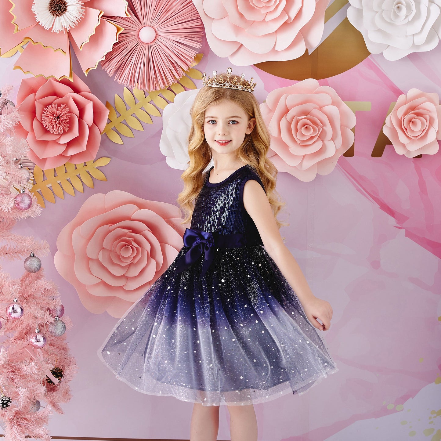 Girls Summer Dress Blue Sequins Elegant Princess Tutu Dress with Bowknot
