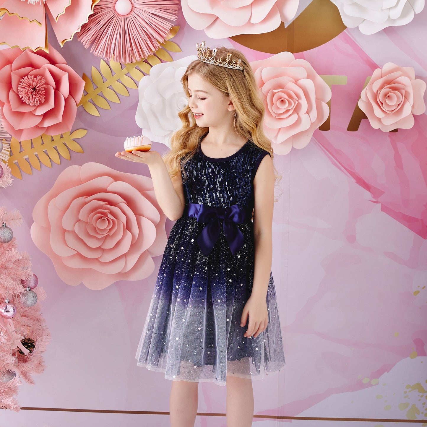 Girls Summer Dress Blue Sequins Elegant Princess Tutu Dress with Bowknot
