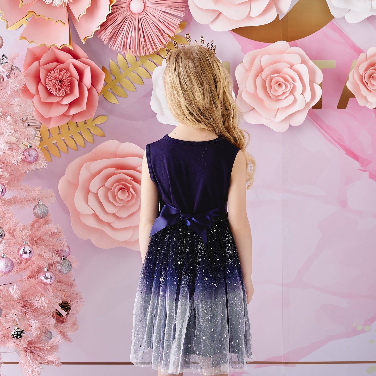Girls Summer Dress Blue Sequins Elegant Princess Tutu Dress with Bowknot