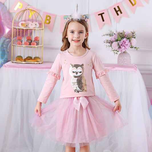 Owl Sequined Long Sleeve Cotton Toddler Girl T-Shirt