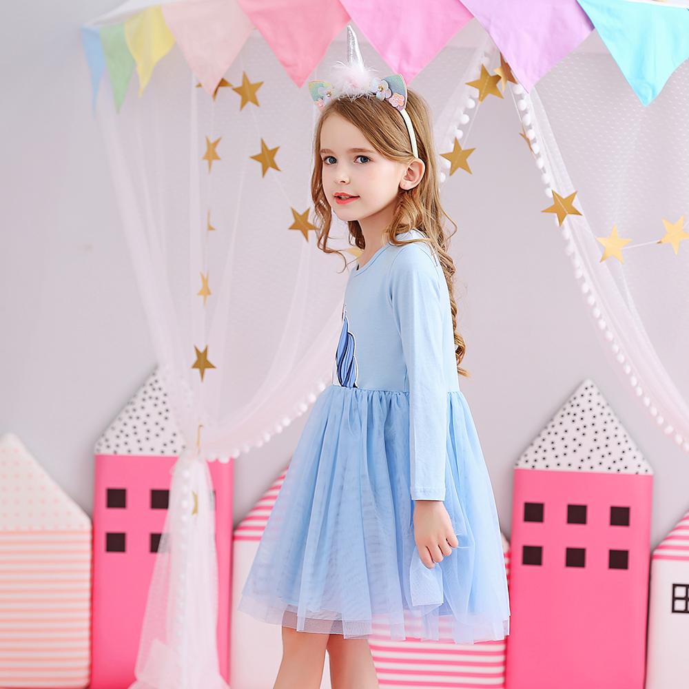 Cartoon Unicorn Blue Tulle Toddler Girl Tutu Long Sleeve Dress