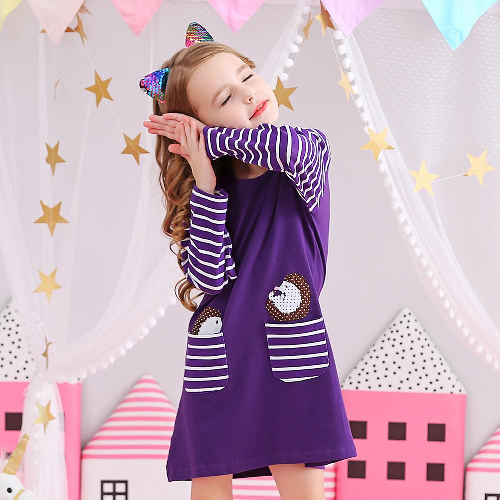 Purple A-Line Color Block Long Sleeve Toddler Causal Girl Dress