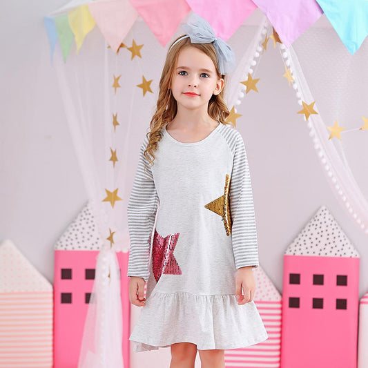 Star Sequined Casual Cotton Toddler Girl Long Sleeve Dress