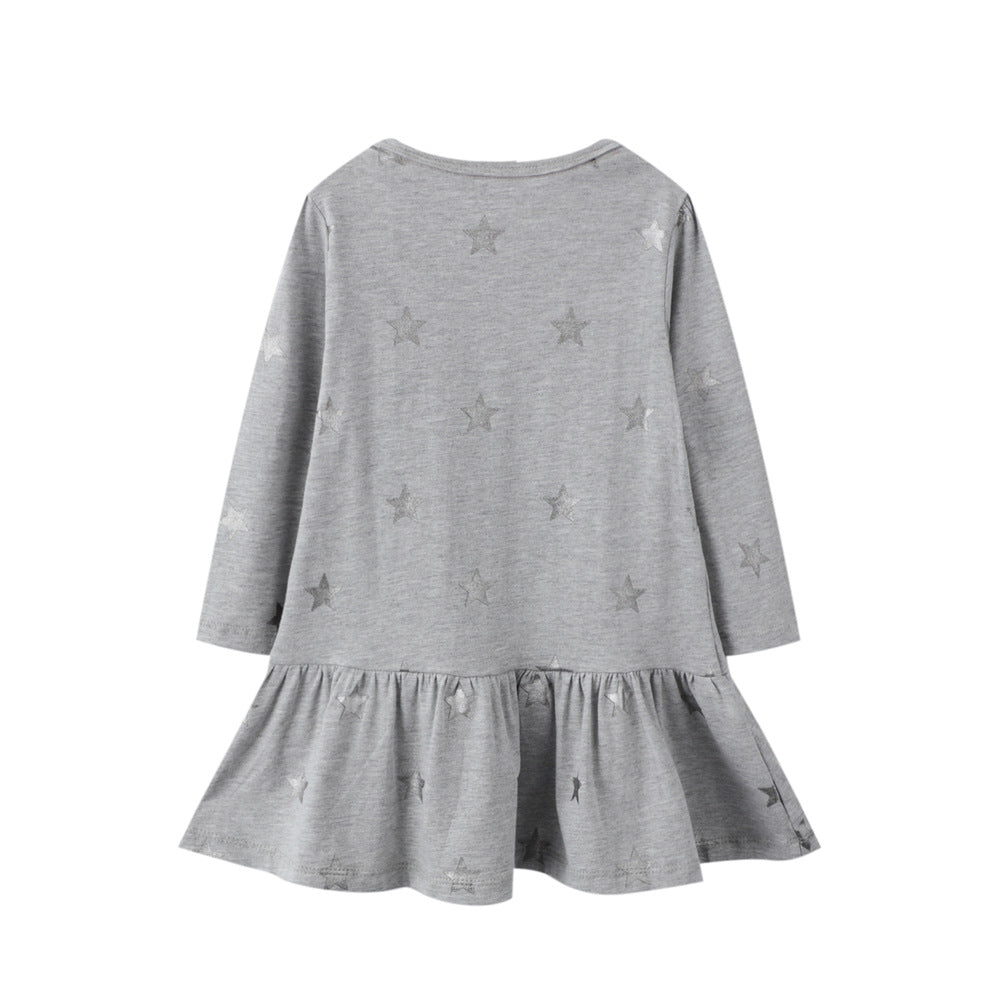 Girls Long Sleeve Casual Dress Grey Unicorn with Sparkle Star Cotton Frocks for Girls 2-7T