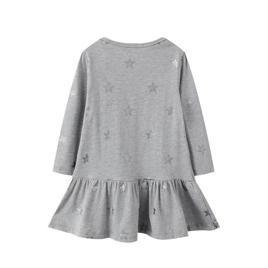 Girls Long Sleeve Casual Dress Grey Unicorn with Sparkle Star Cotton Frocks for Girls 2-7T