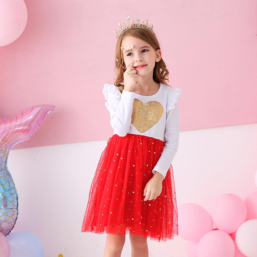 Love Sequined Cotton Toddler Girl Red Tutu Long Sleeve Dress
