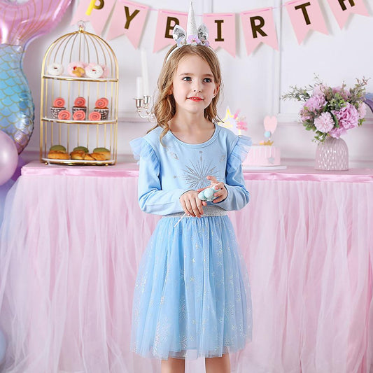 Blue Snow Pattern Toddler Solf Tulle Tutu Girls Dress for Fall