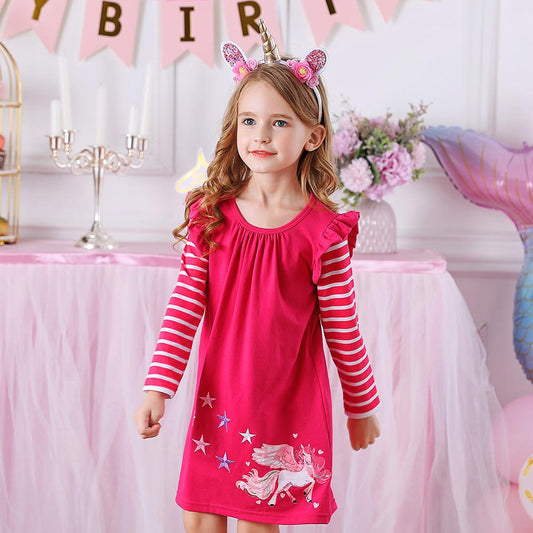 Unicorn with Star Pattern A-Line Casual Cotton Toddler Girl Dress