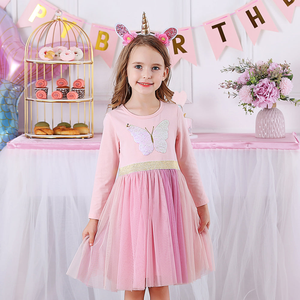 Butterfly Sequined Long Sleeve Toddler Winter Tutu Girl Dress for Party Brithday Daily