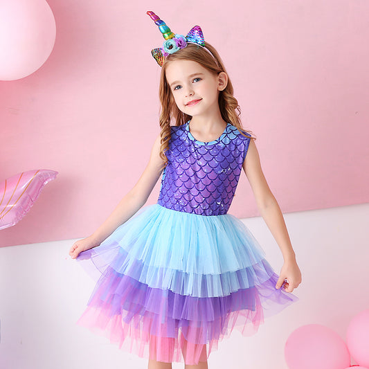 Princess Mermaid Printed Toddler Tutu Girl Layered Dress for Brithday Party