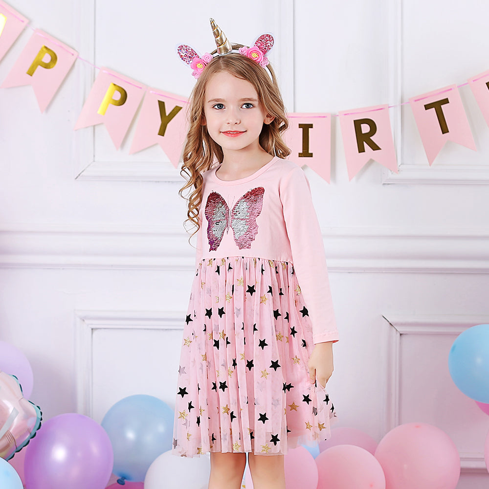 Butterfly Sequined Star Printed Soft Tulle Fall Winter Toddler Tutu Dress