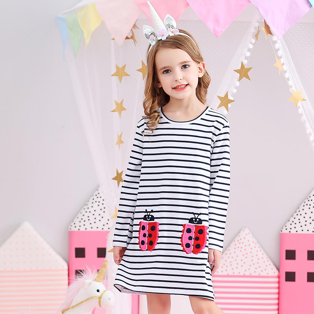 Cartoon Ladybug Pattern A-Line Color Block Long Sleeve Toddler Causal Girl Dress