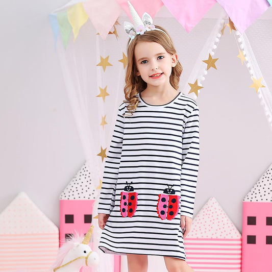 Cartoon Ladybug Pattern A-Line Color Block Long Sleeve Toddler Causal Girl Dress