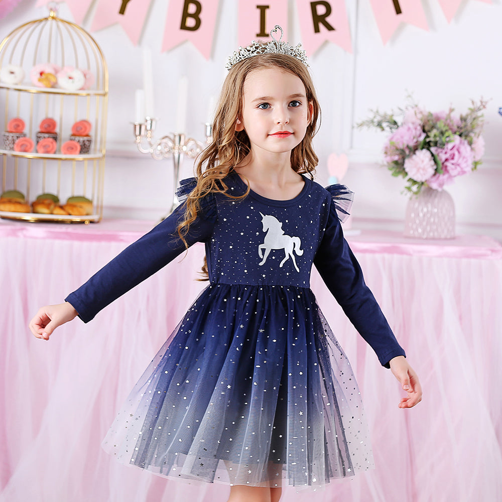 Unicorn Pattern Starry Sky Tulle Lovely Toddler Fall Winter Tutu Dress