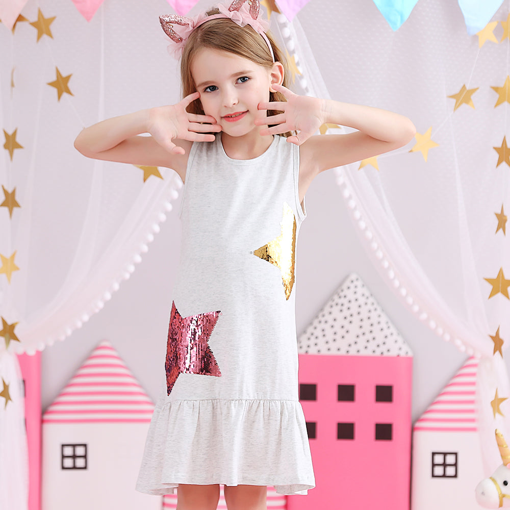 Star Sequined Toddler Summer Cotton Girl Dress for School Wear
