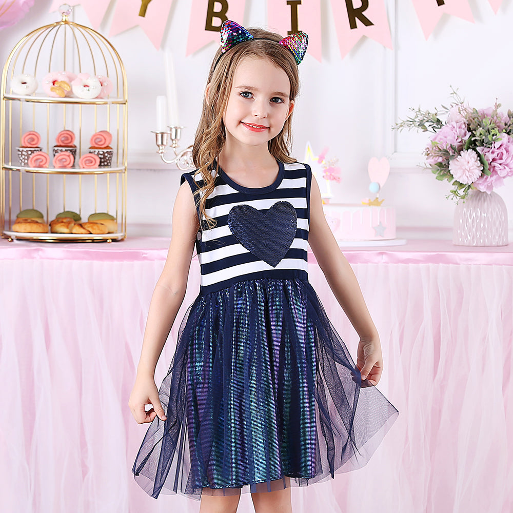 Color Block Love Beads Summer Tutu Girl Toddler Dress for Daily Casual School