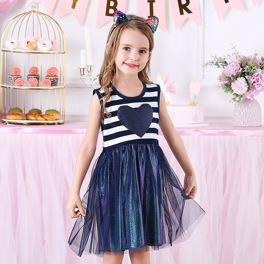 Color Block Love Beads Summer Tutu Girl Toddler Dress for Daily Casual School