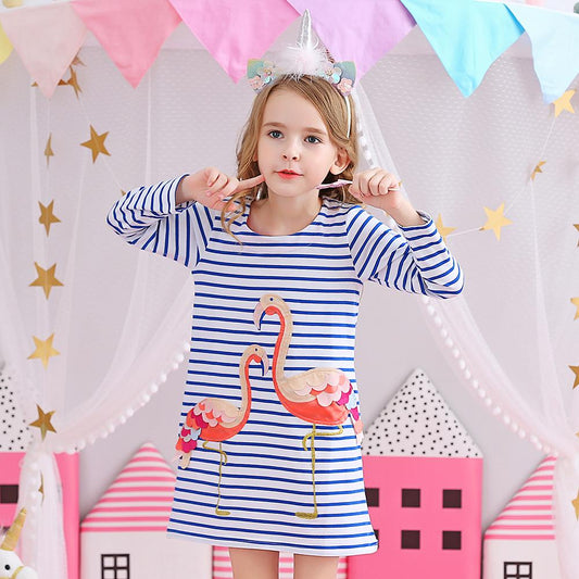 Cartoon Flamingo Color Block Long Sleeve A-Line Toddler Girl Dress