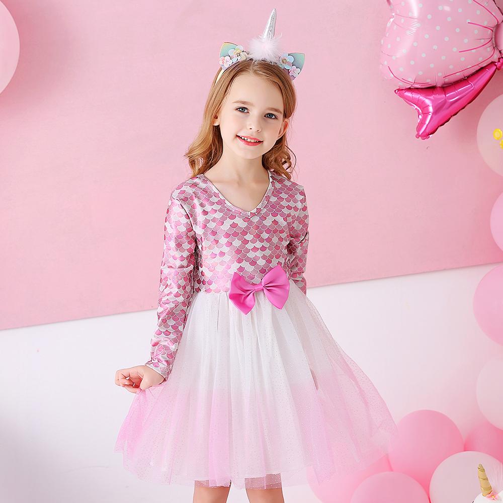 Pink Mermaid Pattern with Butterfly Bow Princess Toddler Tutu Girl Long Sleeve Dress