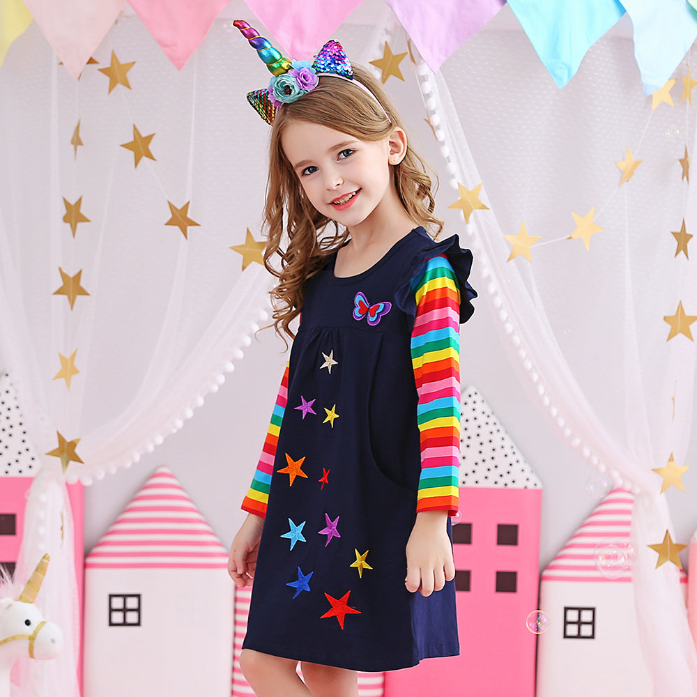 Colorful Star Butterfly with Rainbow Long Sleeve Cotton Girls Daily Casual Dress