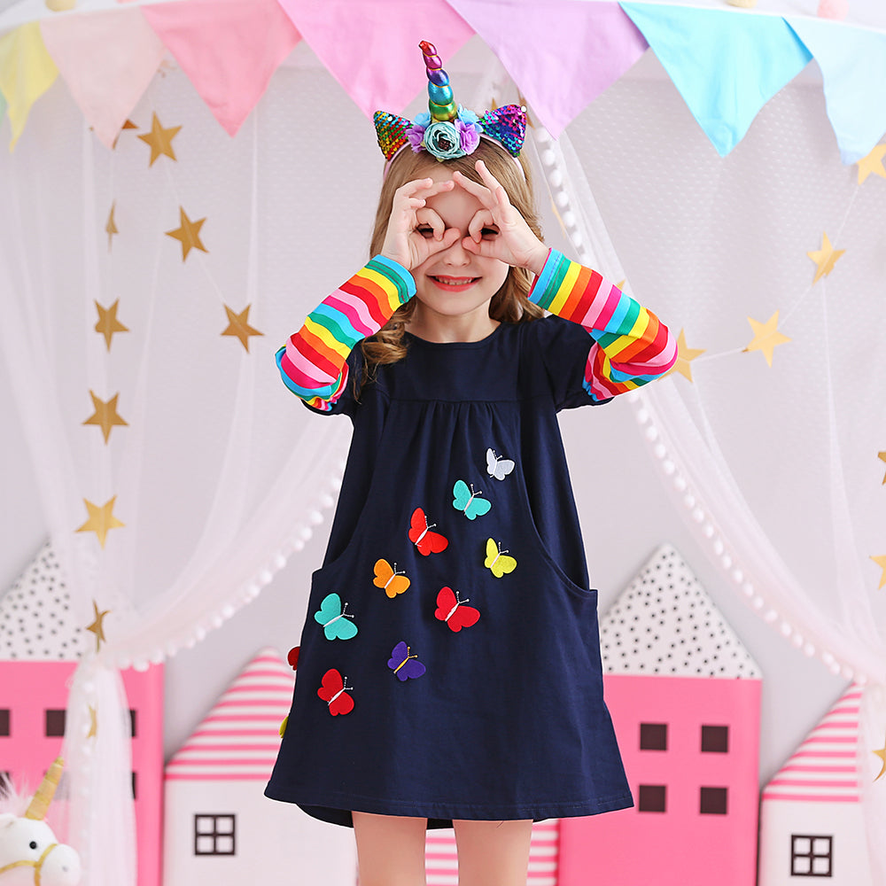 Colorful Butterfly A Line Girl Dress Rainbow Long Sleeve Toddler Winter Dress