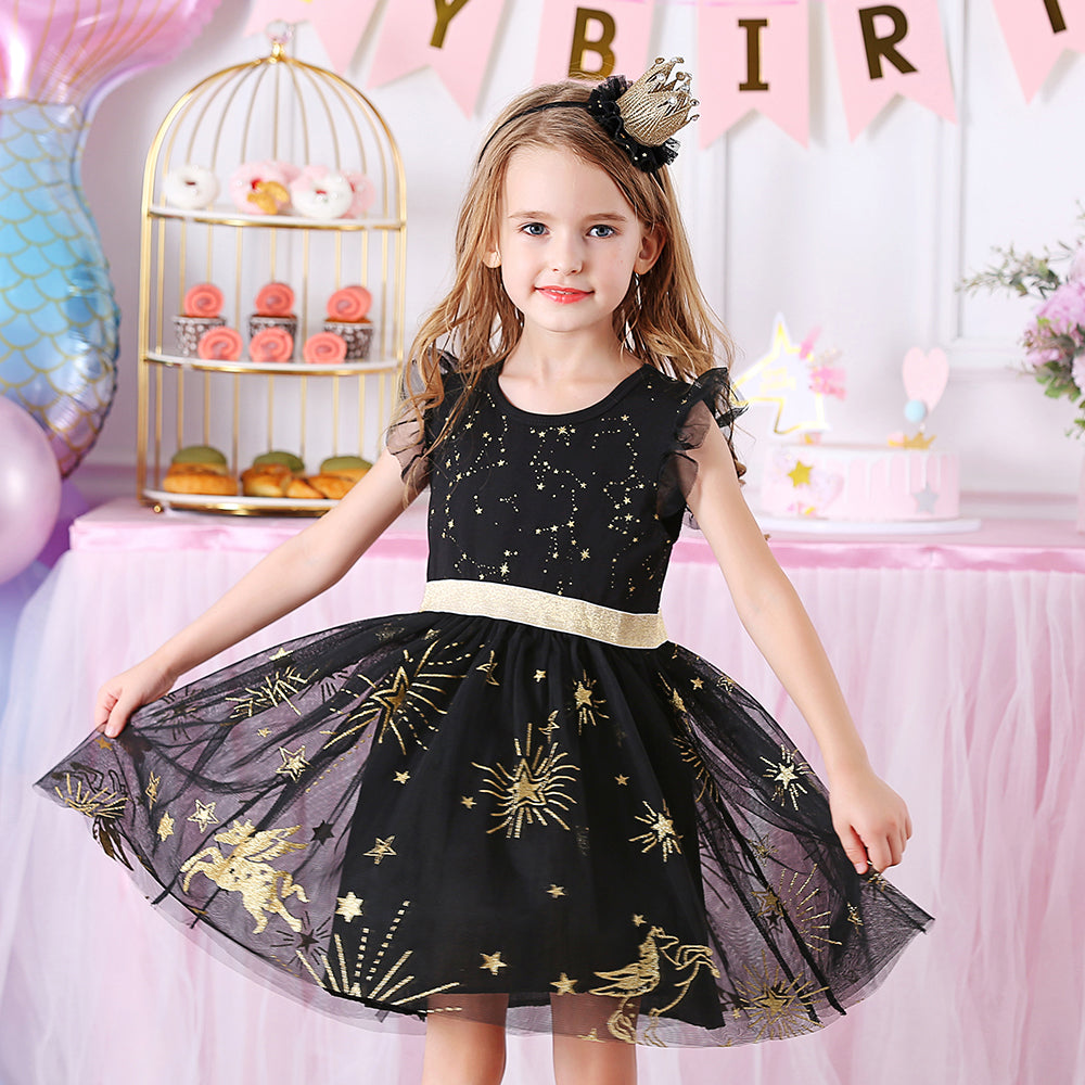 Star Moon Pattern Girls Toddler Summer Short Sleeve Tutu Dress
