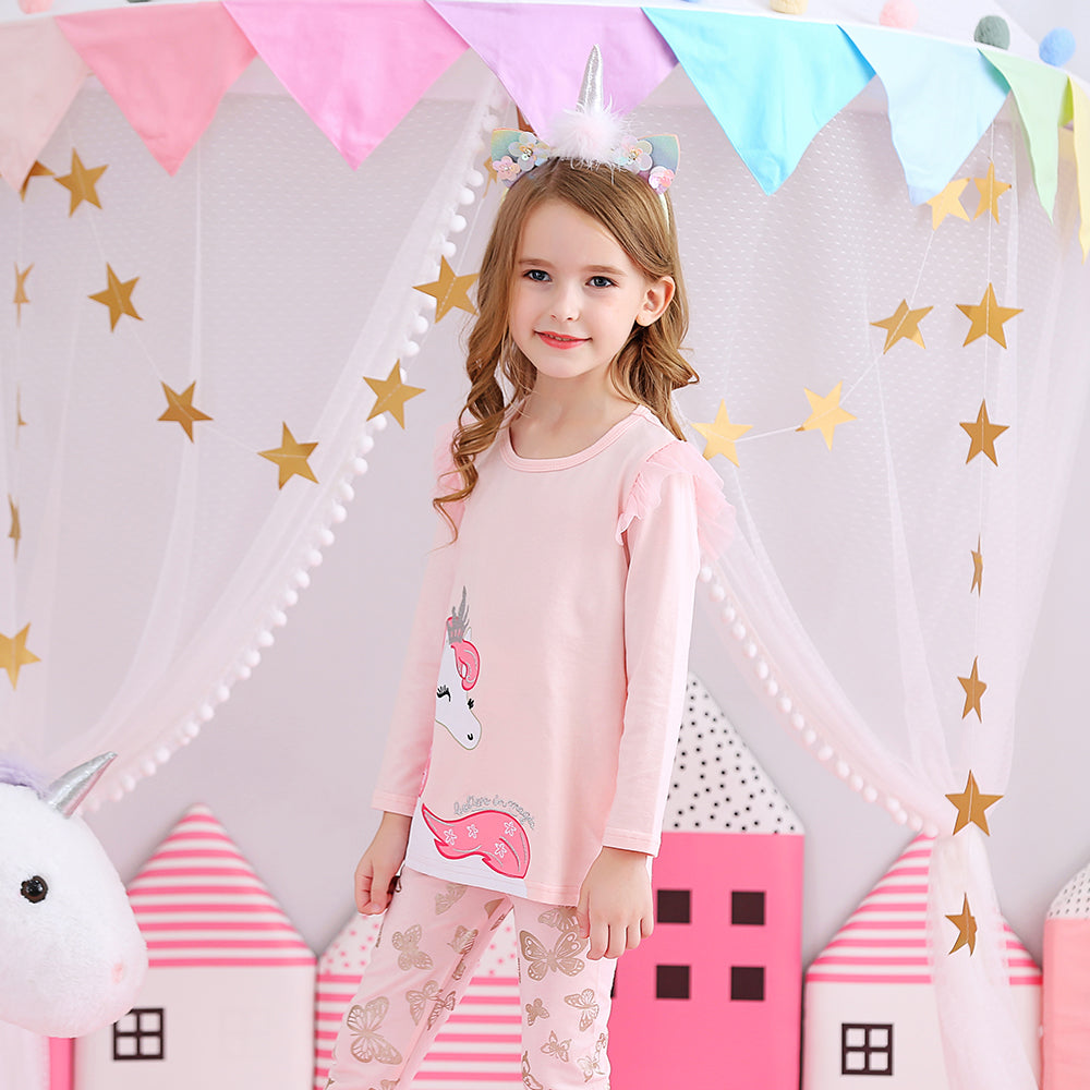 Unicorn Long Sleeve T-Shirt and Butterfly Leggings Pants Pink Set for Girl Toddler 3-8T