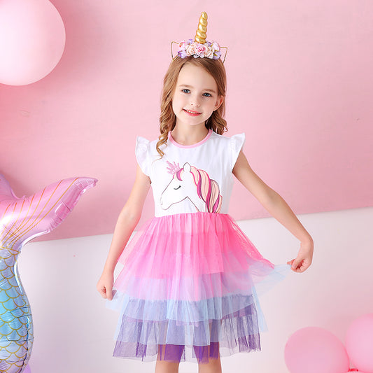 Unicorn Tutu Dress Short Sleeve Layered Colorful Dress for Toddler Girls
