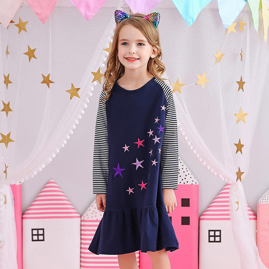 Star Pattern Daily Casual Long Sleeve Toddler Girl Dress