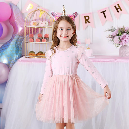 Star Pattern Pink Tulle Toddler Girl Tutu Dress for Fall Winter